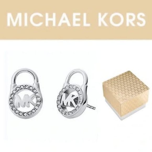 Michael Kors Silver Tone Pave Crystal Padlock Logo Earring Studs - Picture 1 of 5
